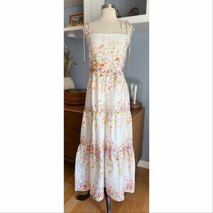 MRS & HUGS Floral Linen Tiered Midi Maxi Dress Smocked Back Cottagecore